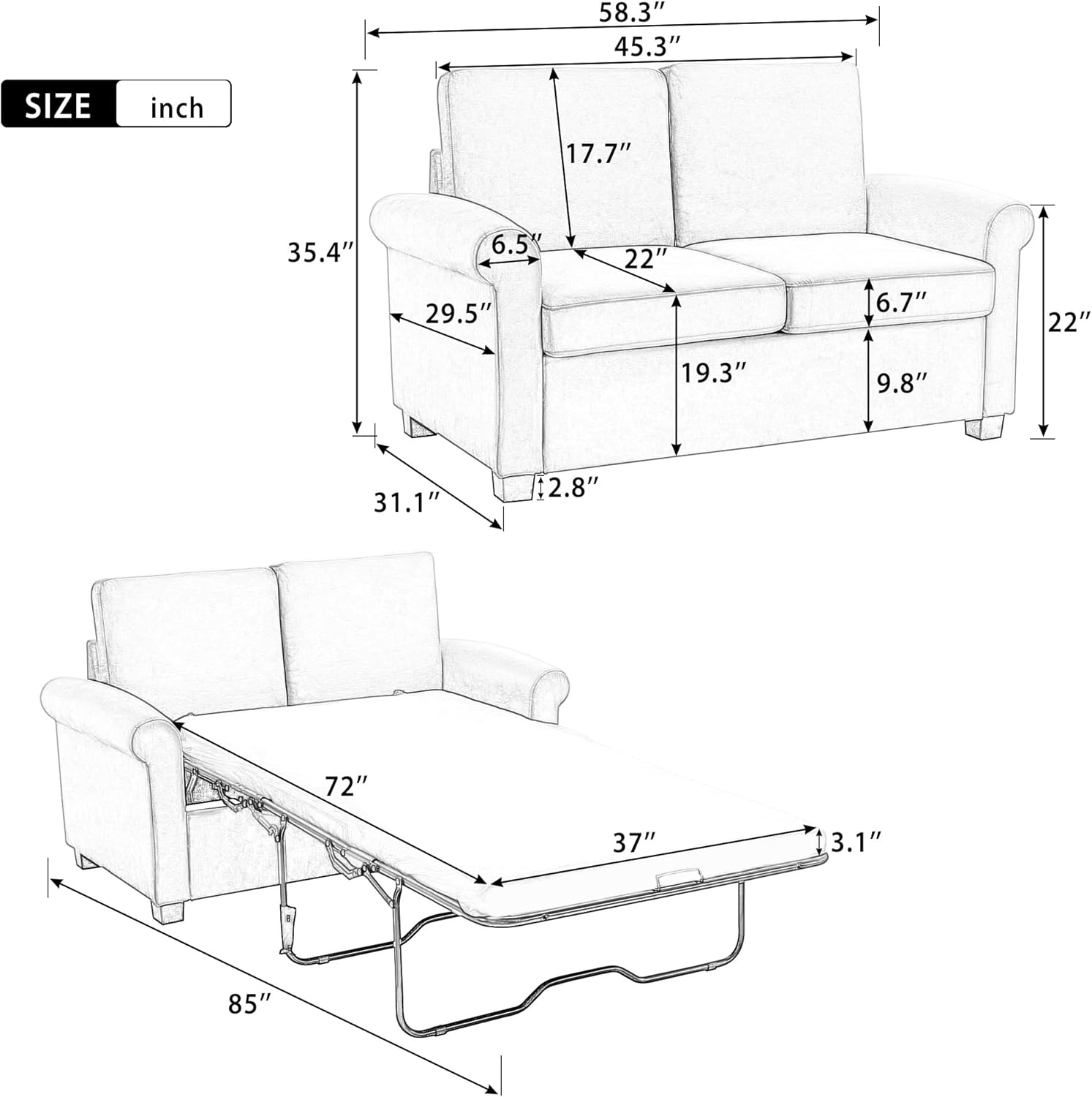 58.3" Pull Out Sofa Bed,Sleeper Sofa Bed with Premium Twin Size Mattress Pad,2-in-1 Pull Out Couch Bed,Loveseat Sleeper for Living Room,Small Apartment, Beige White