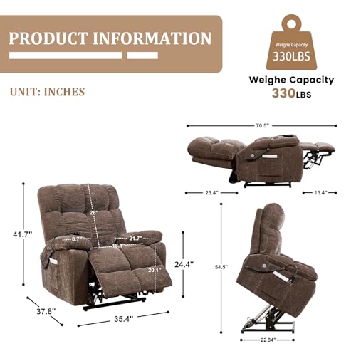 Power Lift Recliner Chair with Massage and Heat, High-end Quality Cloth Power Reclining Chair with 2 Motors for Elderly, 3 Positions, 2 Side Pockets, USB Charge Ports, Brown