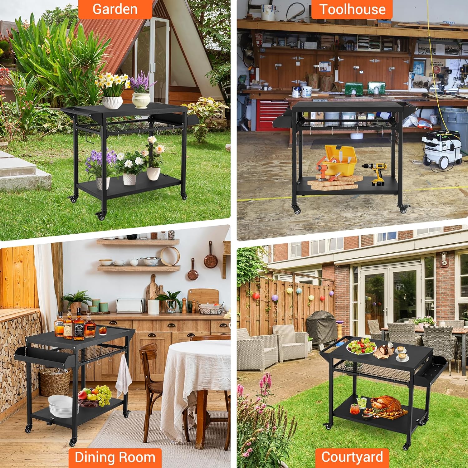 Outdoor Grill Cart, Pizza Oven Stand Table with Mesh Racks Dining Cart Table for Outside Patio, Movable Kitchen Cooking Prep Table BBQ Cart with Wheels for Home Party, Bar, Camping, Black