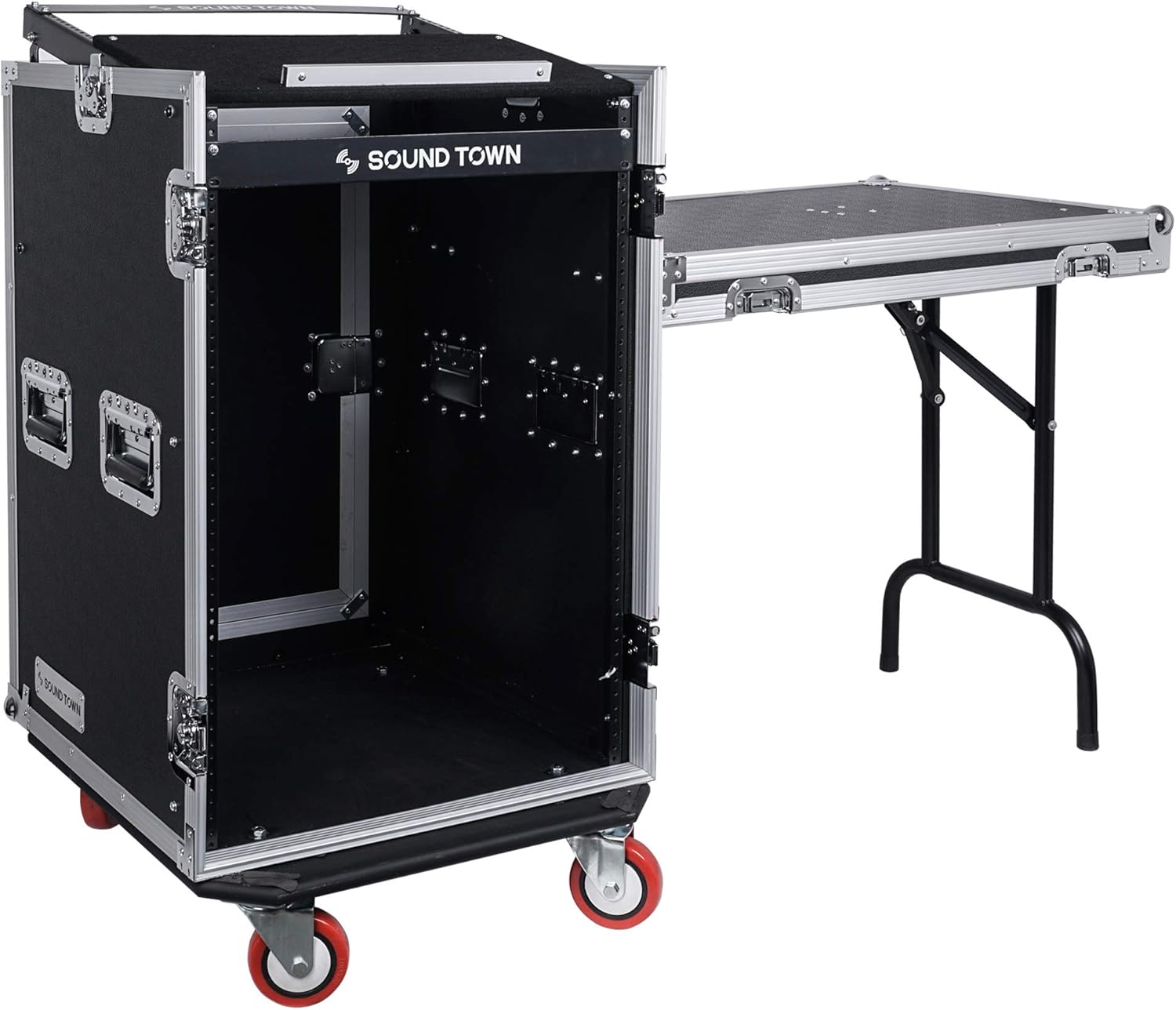 Sound Town 14U PA DJ Rack/Road ATA Case with 11U Slant Mixer Top, 20���� Rackable Depth, DJ Work Table and Casters, 14 Space Size, Pro Tour Grade (STMR-14UWT)