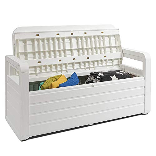 Foreverspring UV Weather Resilient Lockable Box Chest Bench for Outdoor Pool Patio Furniture and Deck Storage Bin, 70 Gallon, White