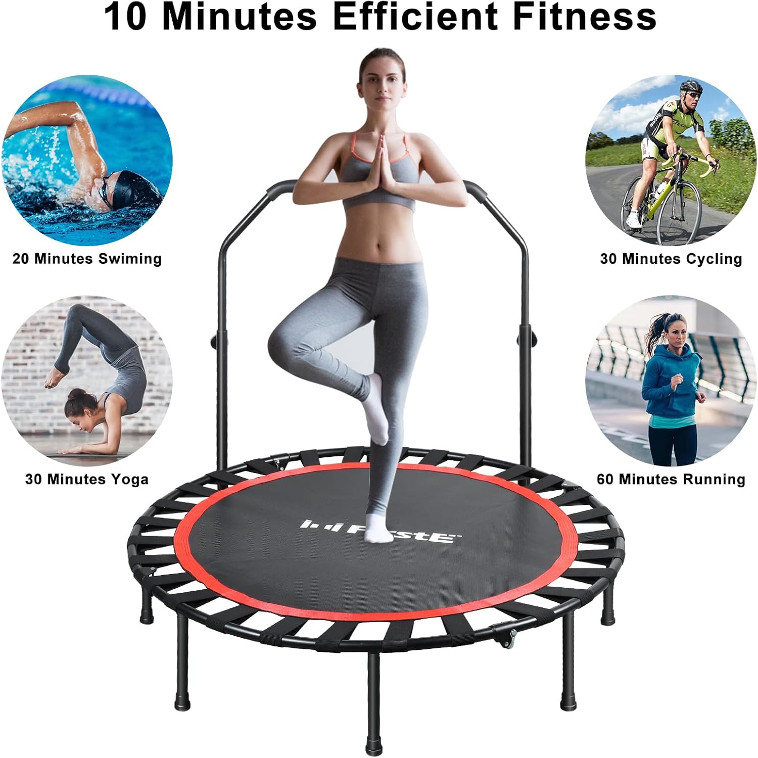 48" Bungees Rebounder Trampoline for Adults, 330LBS Fitness Trampoline Foldable Mini Trampoline,3 Level Adjustable Foam Handle, Stable & Silent Exercise Trampoline for Adults Indoor Workout