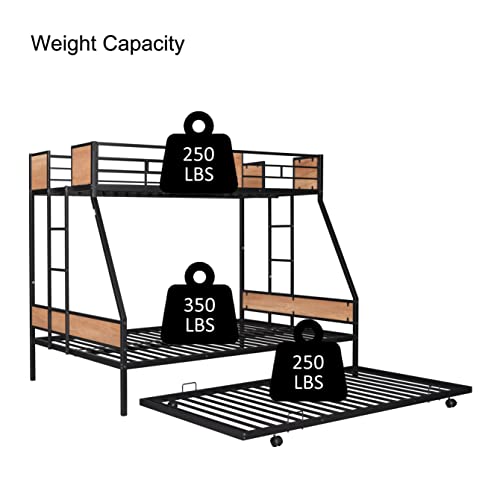 Twin Over Full Bunk with Trundle Metal Bunk Bed Frame with Slat and Guardrail, Black