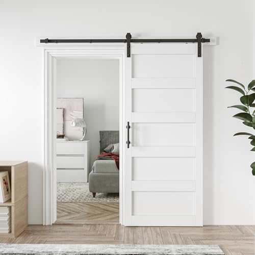 34in x 84in Sliding Barn Door with 6ft Barn Door Hardware Kit & Handle, Pre-Drilled Holes Easy Assembly -Solid Barn Door Slab Covered with Water-Proof PVC Surface, White, 5 Panel