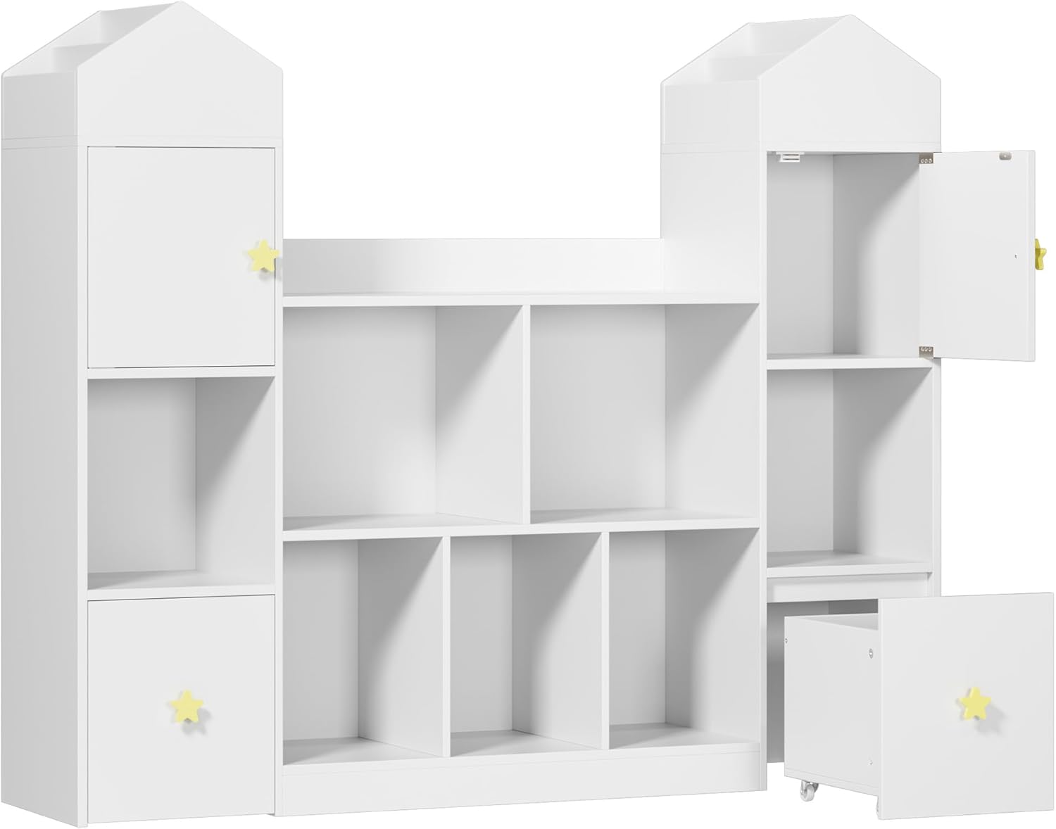 54.5' Toy Storage Organizer, Toy Organizers and Storage Toy Chest with 9 Storage Cubbies and 2 Moveable Drawers, Kids Bookshelf Kids Bookcase with Hidden Wheels for Playroom Bedroom