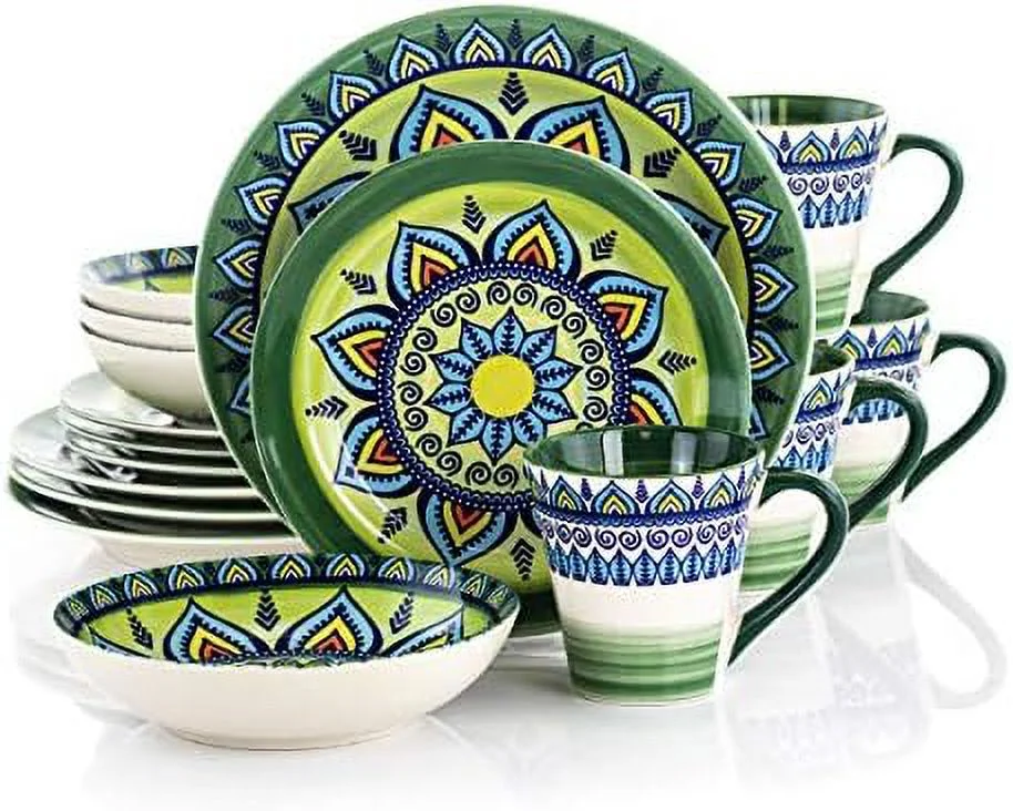 Multicolored Round Stoneware Mandala Pattern Dinnerware Set, 16 Piece, Green