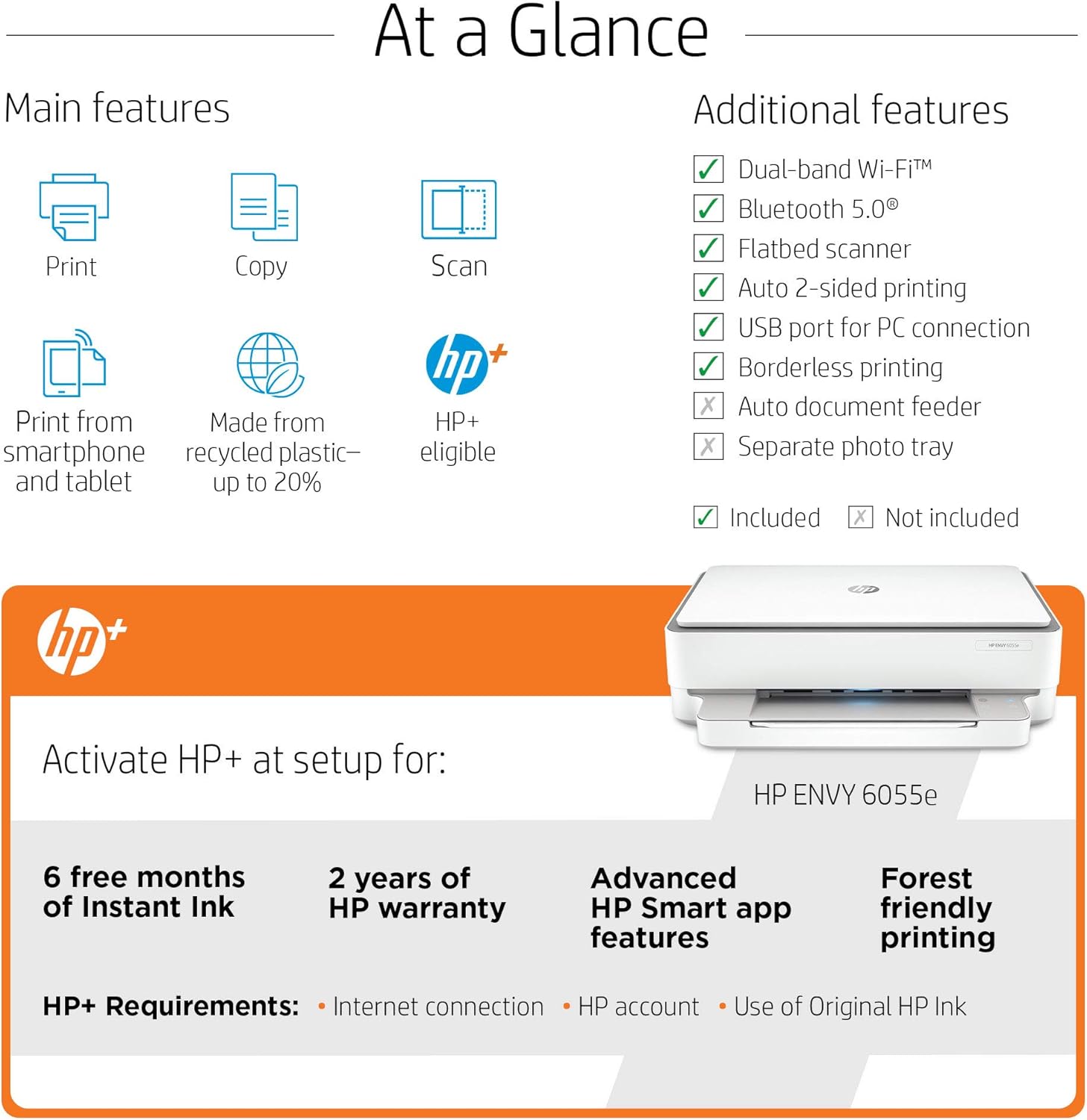 HP ENVY 6055e All-in-One Wireless Color Printer, with bonus 6 months free Instant Ink with HP+ (223N1A)