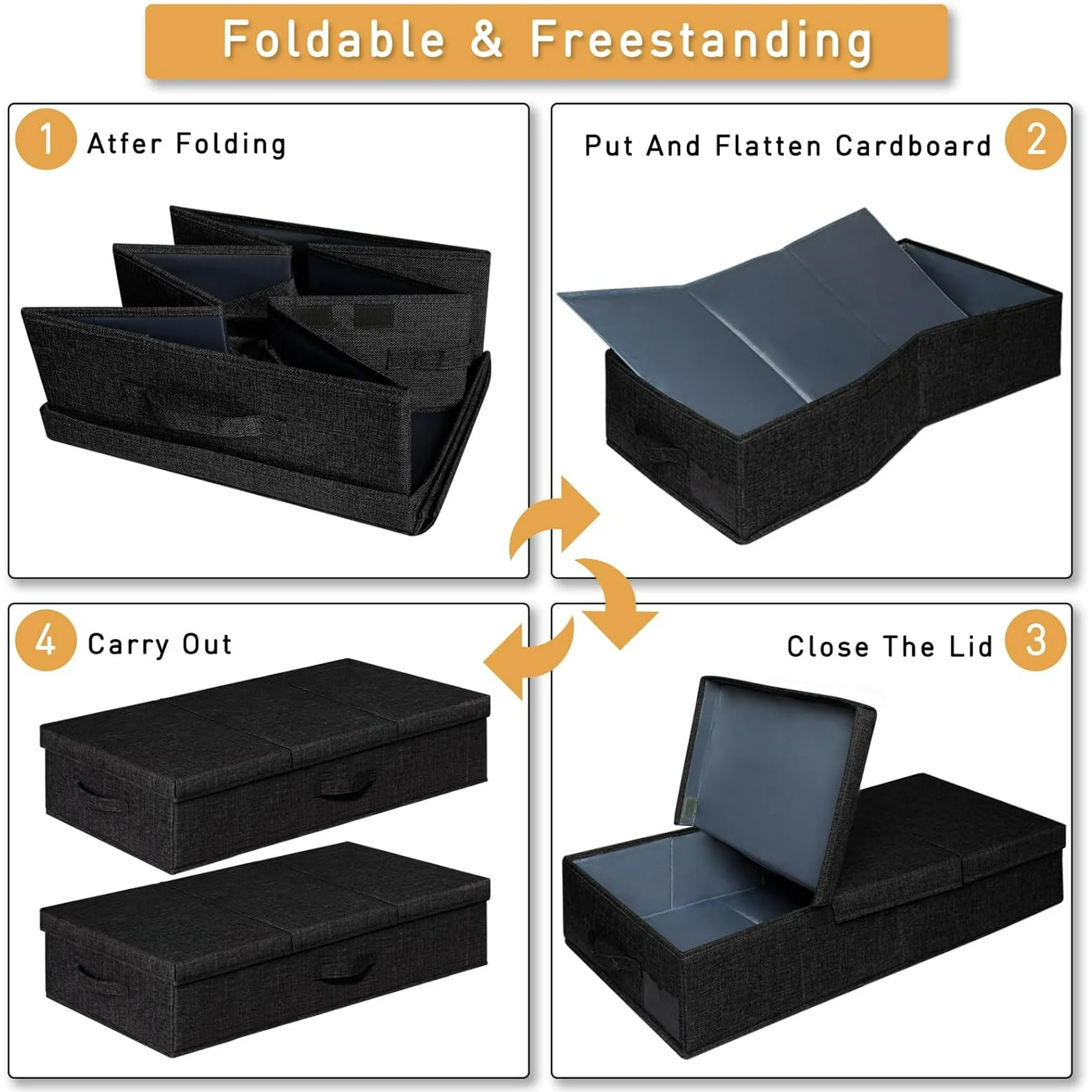 Under The Bed Storage Containers 3 Pack, 6 Inch Tall Stackable Underbed Storage Bins With Handles, Closet Organizers and Storage Bins, Large Under Clothes Drawer Organizers Box For Crib, Black