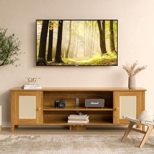 Rattan TV Stand for 65 70 inch TV Entertainment Center Wood TV Stands for Living Room with Storage, Mid Century Television Console for Bedroom