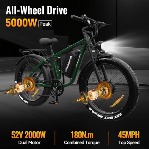 Dual Motor Electric Bike for Adults, 52V 4000/5000W Peak Motor, 40/45MPH, 1300Wh Battery, Up to 100 Miles Range, 26" x 4.0 Fat Tire Ebike with 7-Speed, Suspension, Turn Signals and Dual Disc Brakes