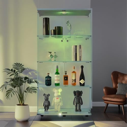 Glass Display Cabinet with Lock and Lights, Lighted Curio Cabinet with 2 Doors and 4 Shelves, Modern Collectibles Toy Organizers Rack Display Case for Living Room Home Office, White