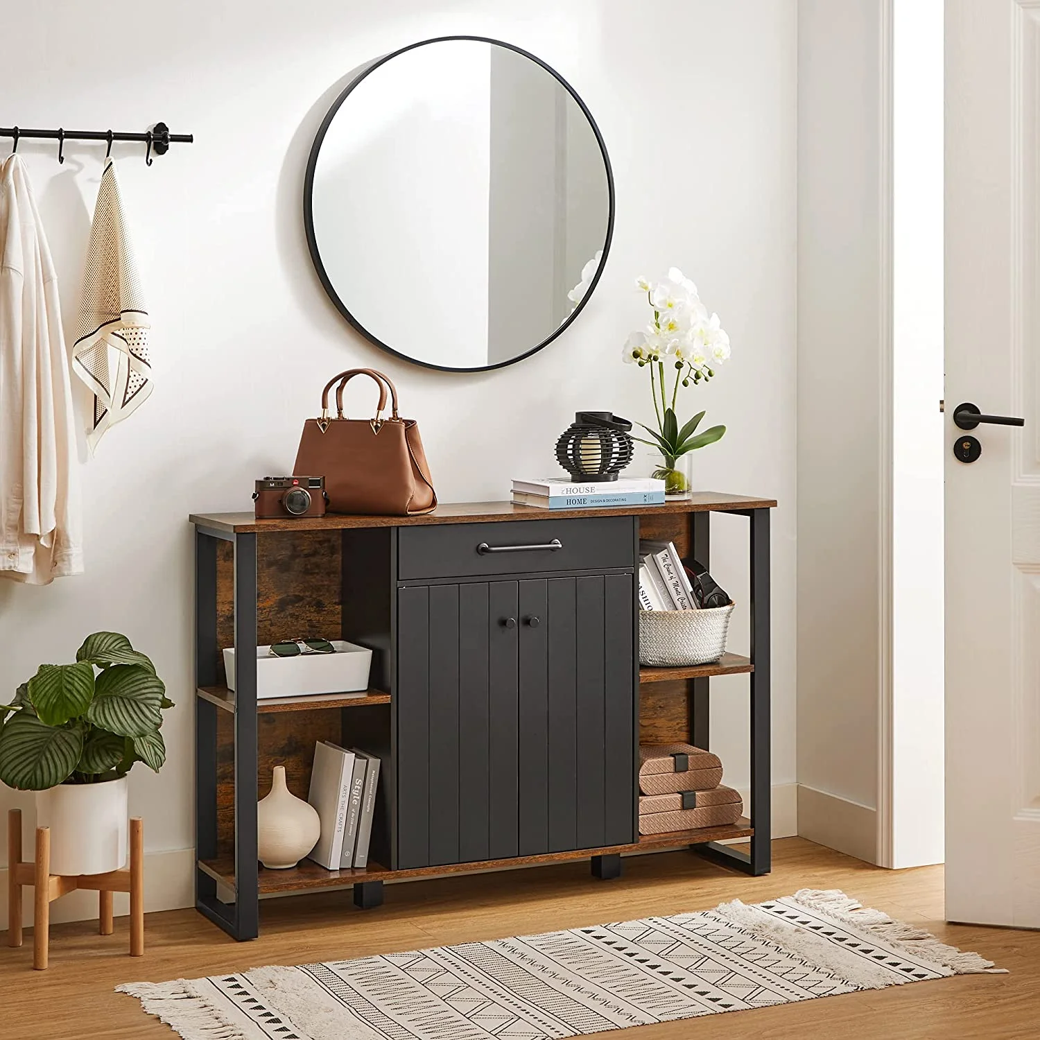 by SONGMICS Home Buffet Cabinet, Kitchen Sideboard, Storage Organizer with Drawer, Shelves, Door, for Living Room Hallway, 11.8 x 47.2 x 31.5 Inches, Rustic Brown and Black ULSC103B01