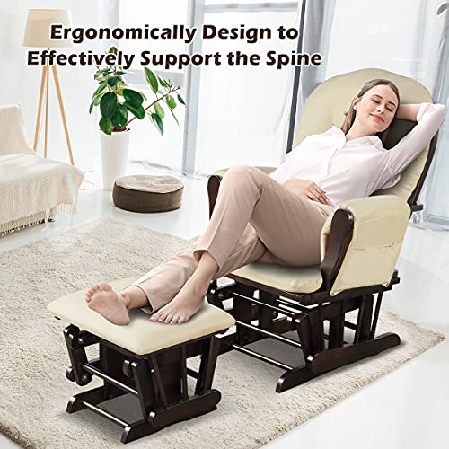 Costzon Nursery Glider with Ottoman, Upholstered Comfort Glider Rocker with Padded Cushion, Storage Pocket, Solid Wood Base, Rocking Chair Nursery for Breastfeeding, Maternity, Napping (Brown)