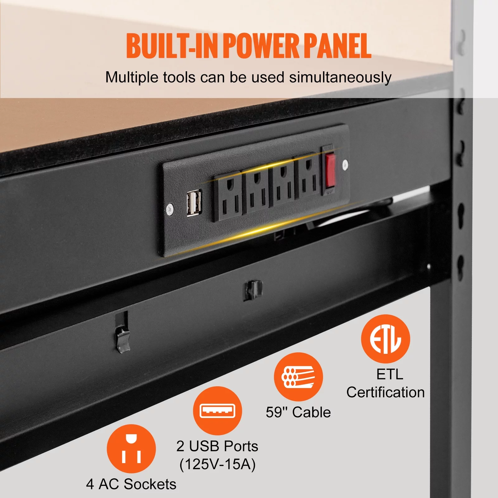 BENTISM Multifunctional Workbench 48x24" with Pegboard Worktable w/ Power Outlets, A3 Steel Work Bench For Garage max. 1500W Heavy Duty Workbench 220lbs Weight Capacity