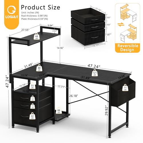 47 inch L Shaped Desk with 3 Fabric Drawers, Reversible Computer Desk with Top Shelf & Storage Shelf & CPU Stand for Home Office,Corner Gaming Desk Work Study Table for Gaming Writing,Black