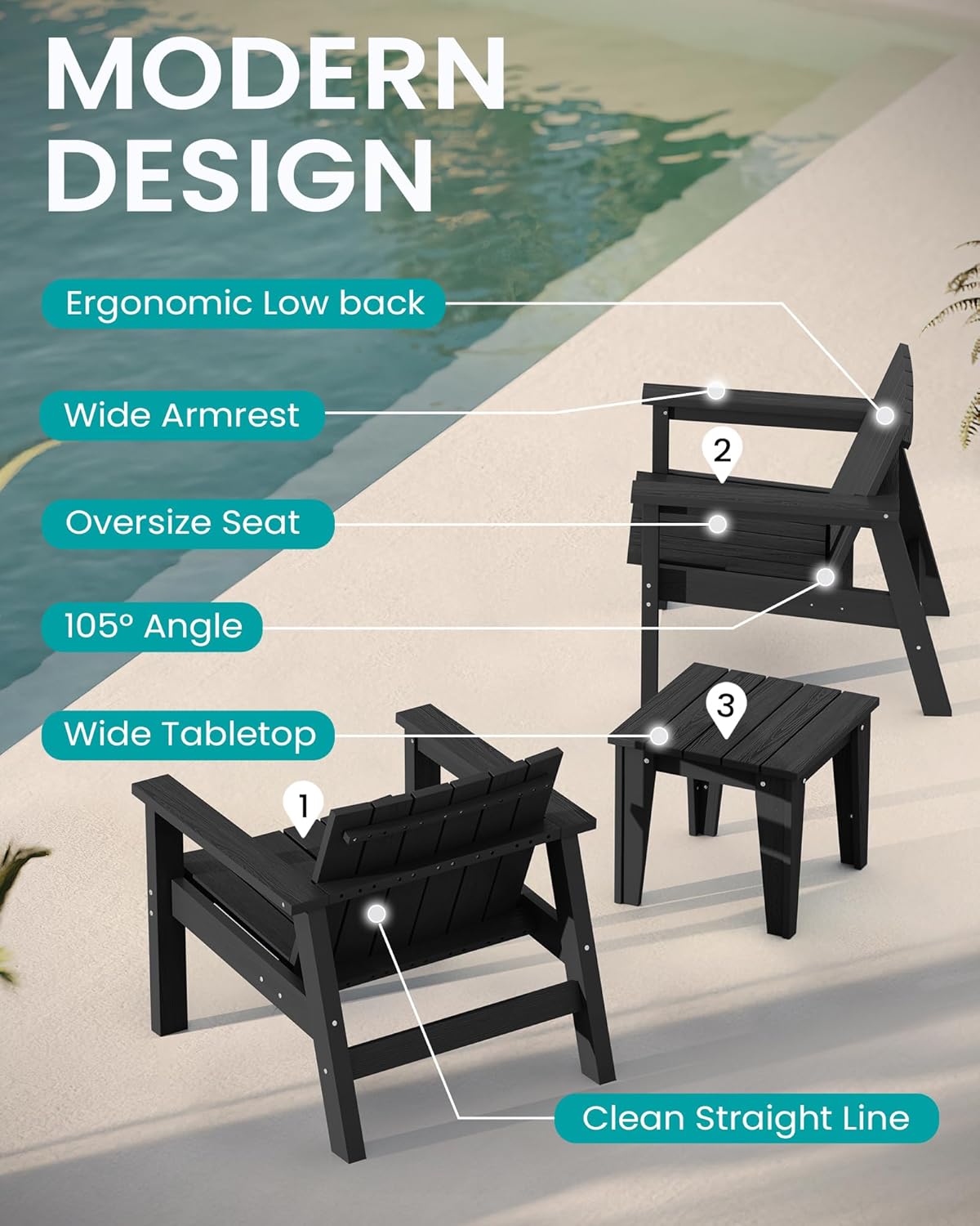 SERWALL 3 Piece Patio Bistro Set HDPE Adirondack Chair Sets with Side Table, includes Adirondack Chairs Set of 2 and 1 Adirondack Table for Patio, Lawn, Backyard- Black