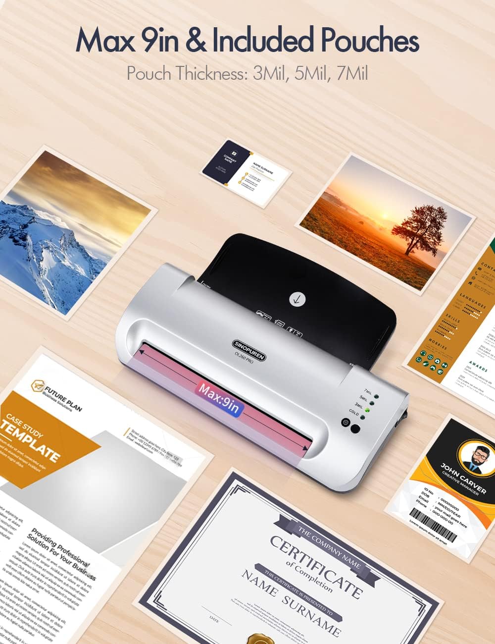 Laminator Machine, Sinopuren 13-inch Thermal Laminator, with Paper Trimmer, Corner Rounder, 10 Pouches Sheets, Quick Warm-Up, Cold and Hot Laminating for Home/School/Office