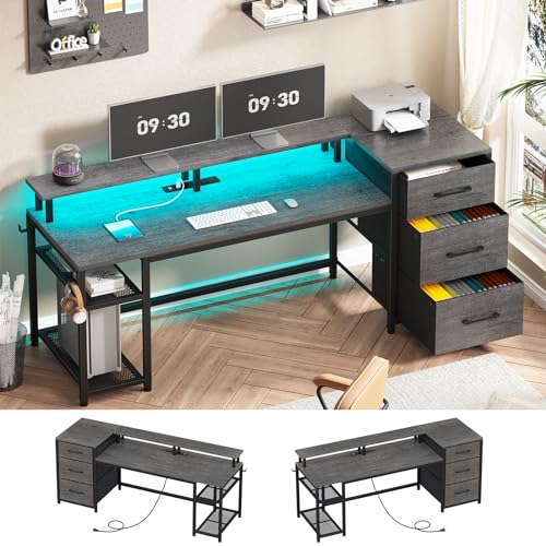 SEDETA 59" Office Desk with Drawers, Reversible Computer Desk with File Drawers & Storage, Gaming Desk with LED Lights & Power Outlet, Home Office Desks for Printer, Black