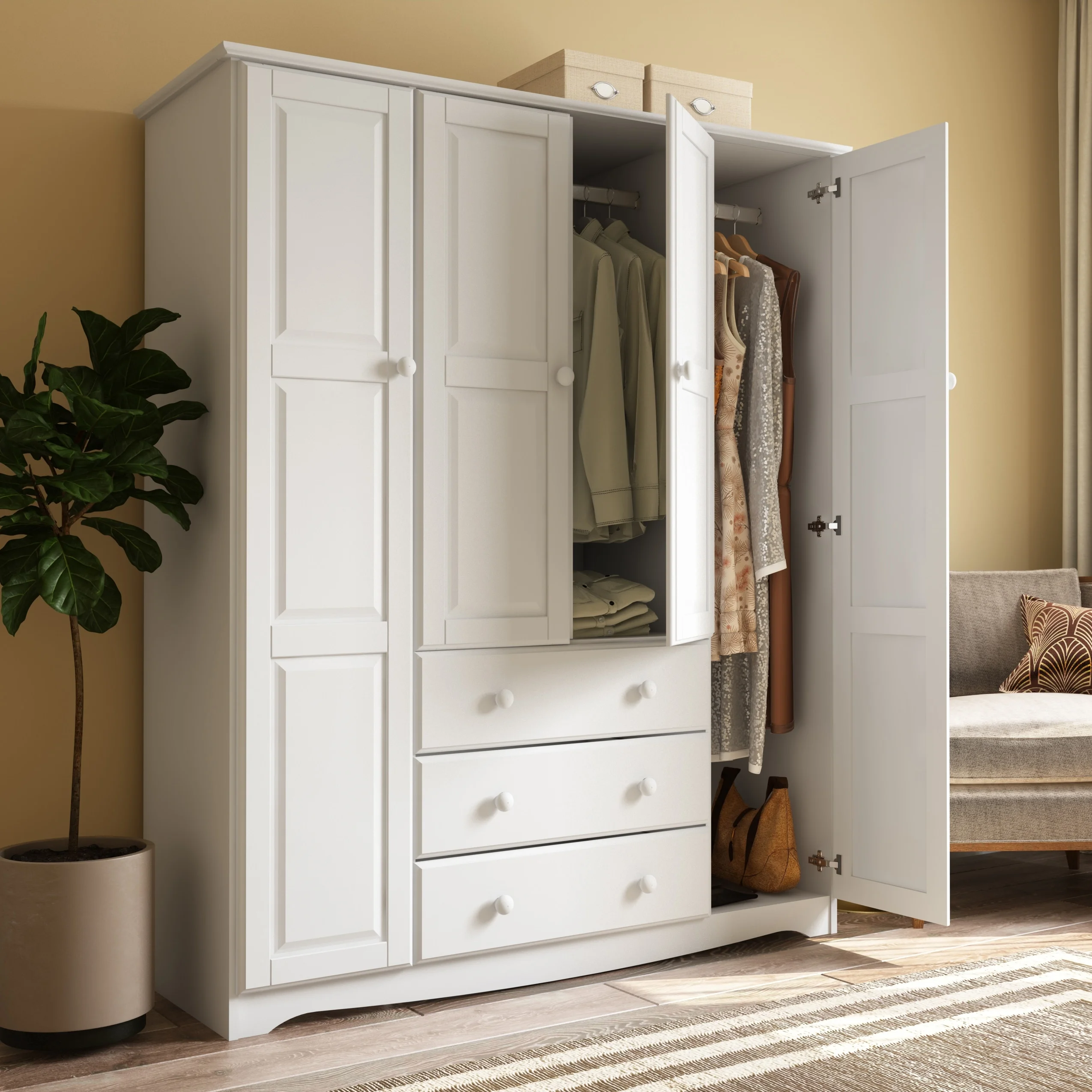 Palace Imports, Inc. Palace Imports 100% Solid Wood Family 4-Door Wardrobe Armoire with Metal or Wooden Knobs White-Metal Knobs