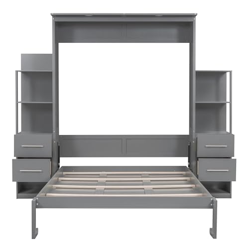 Queen Size Murphy Bed Wall Bed with Shelves,Multifunctional Easy Fold Wood Wall Bed with Drawers and LED Lights for Guest Room Home Office,Space-Saving Murphy Bed Cabinet (Gray-AB91)