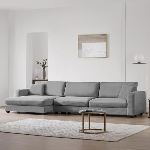 Oversized Corduroy Sectional Sofa, L Shaped Cloud Couch with USB Charging Port,Cup Holder,Deep Seat Sofa Bed with 50" Chaise, Comfy Indoor Furniture for Living Room Apartment (Beige)
