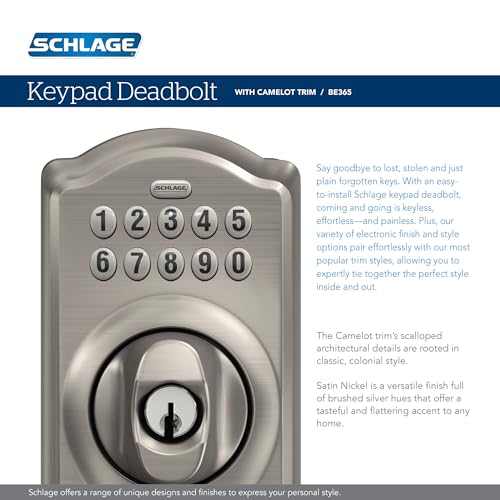 Schlage BE365 CAM 609 Camelot Keypad Deadbolt, Electronic Keyless Entry Lock, Antique Brass