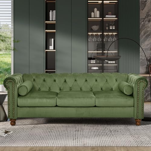 74.5" Velvet 3 Seater Sofa Sofa Couch Chesterfield Sofa Tufted Couch with 2 Pillows for Living Room Apartment Office Lounge Green