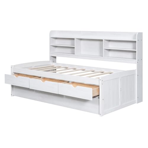 Harper & Bright Designs Twin Size Captain Bed with Built-in Bookshelves/3 Storage Drawers/Trundle, Wooden Twin Daybed Bed Frame for Kids Teens Dorm Bedroom Multipurpose Guest Room, White Wash