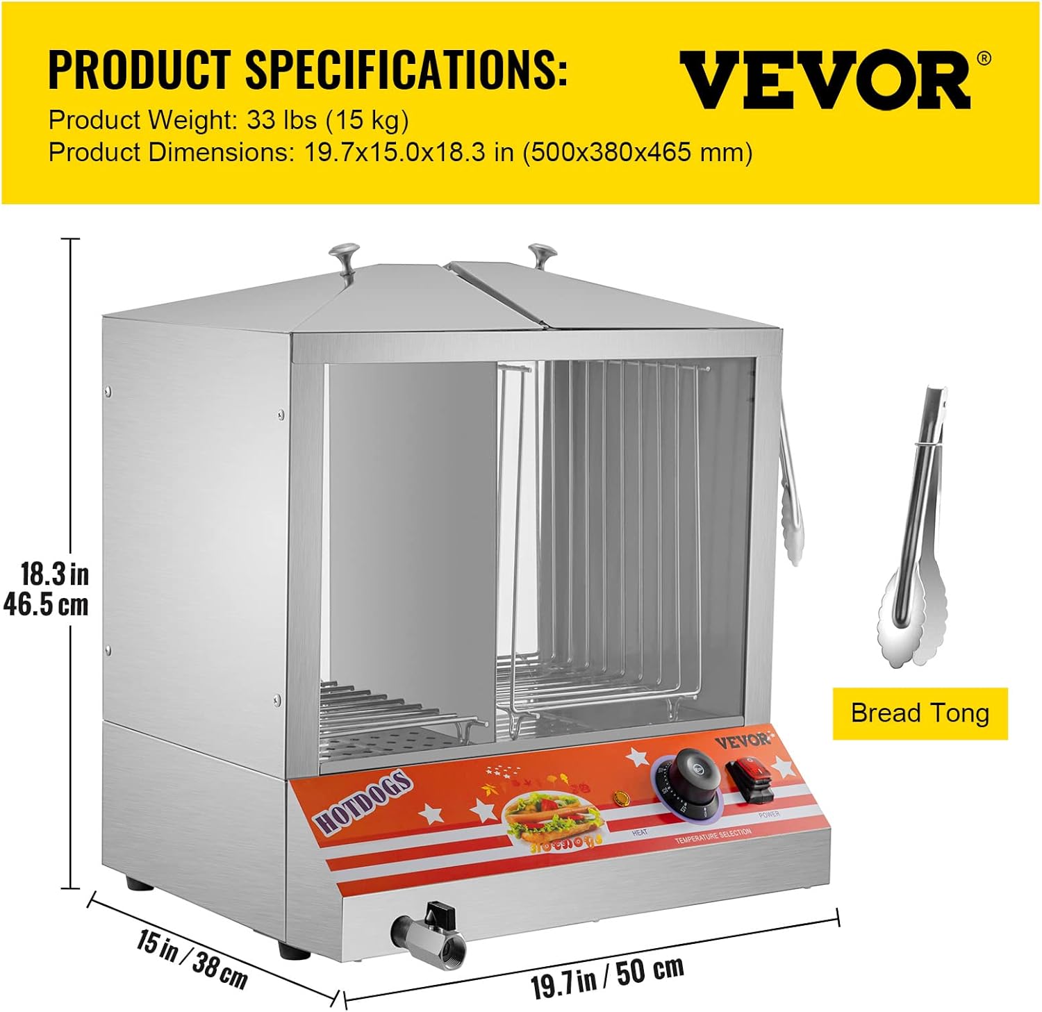 VEVOR Hot Dog Steamer, 36L/32.69Qt, Top Load Hut Steamer for 100 Hot Dogs & 48 Buns, Electric Bun Warmer Cooker with Acrylic Windows Partition Plate Shelves Food Clip PTFE Tape, Stainless Steel