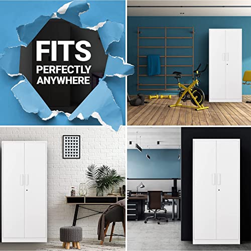 Yizosh Metal Garage Storage Cabinet with 2 Doors and 5 Adjustable Shelves - 71" Steel Lockable File Cabinet,Locking Tool Cabinets for Office,Home,Garage,Gym,School (Gray White)