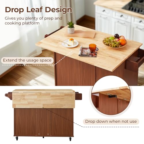 54" Large Kitchen Island Cart with Drop Leaf, Kitchen Island with Storage, Rolling Kitchen Island with Inside Cabinet, 3 Drawers, Spice Rack, Towel Rack and Wood Tabletop(Black)