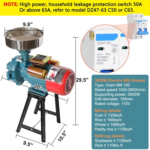 SLSY Electric Grain Mill Wet Dry Mill Grinder 3000W, 110V Commercial Grain Grinder Machine for Cereals Corn Grain Wheat Feed Mill