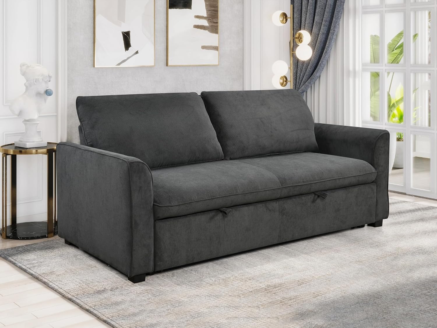 Queen Size Convertible Sleeper Sofa Bed - 78-Inch Comfortable Pull-Out Loveseat for Small Spaces, RVs, and More - Beige (Dark Grey)
