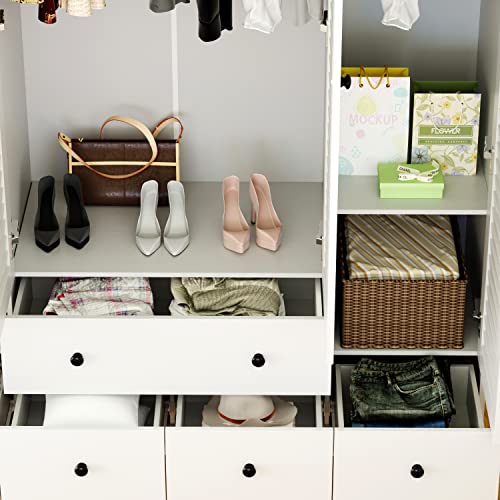 ECACAD Large Wardrobe Armoire with Multi-Tier Shelves, 5 Drawers, Hanging Rod & 4 Louver Doors, Wooden Closet Storage Cabinet for Bedroom, White (59.06”W x 19.06”D x 70.47”H)