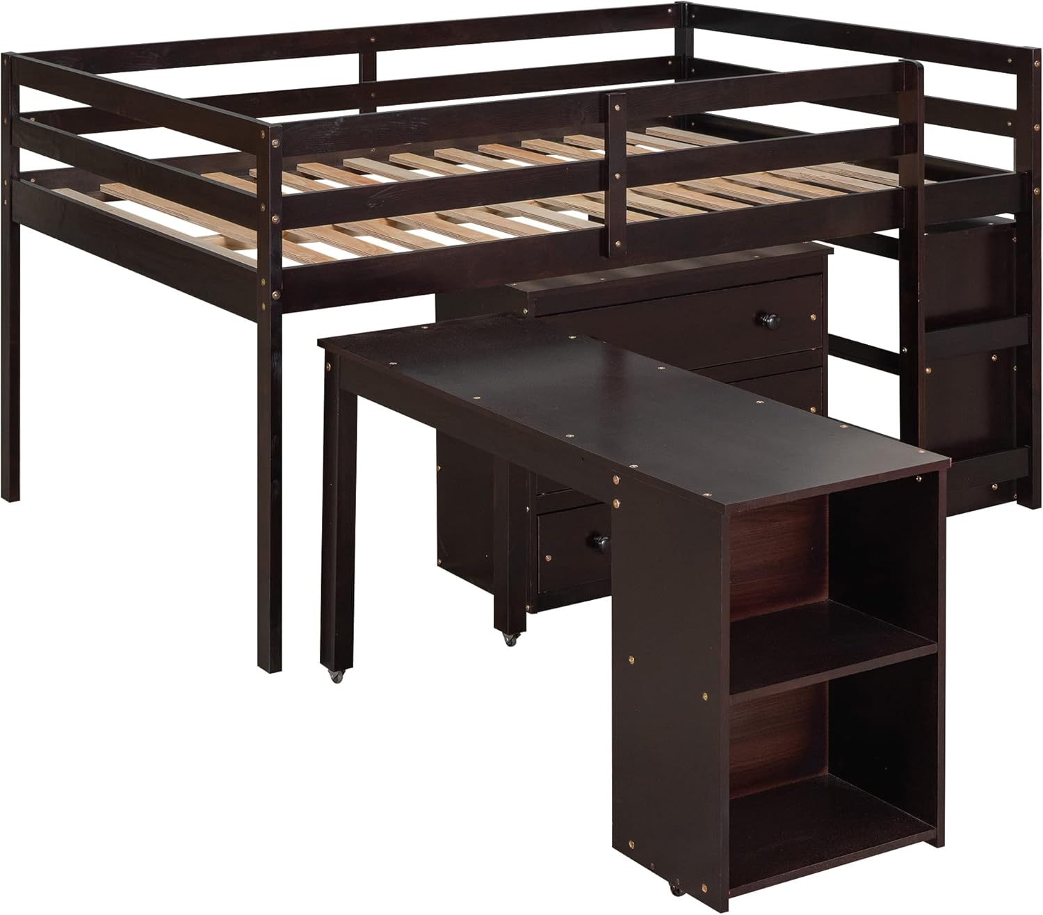 Low Study Full Loft Bed with Cabinet,Shelves and Rolling Portable Desk,Multiple Functions Bed- Espresso