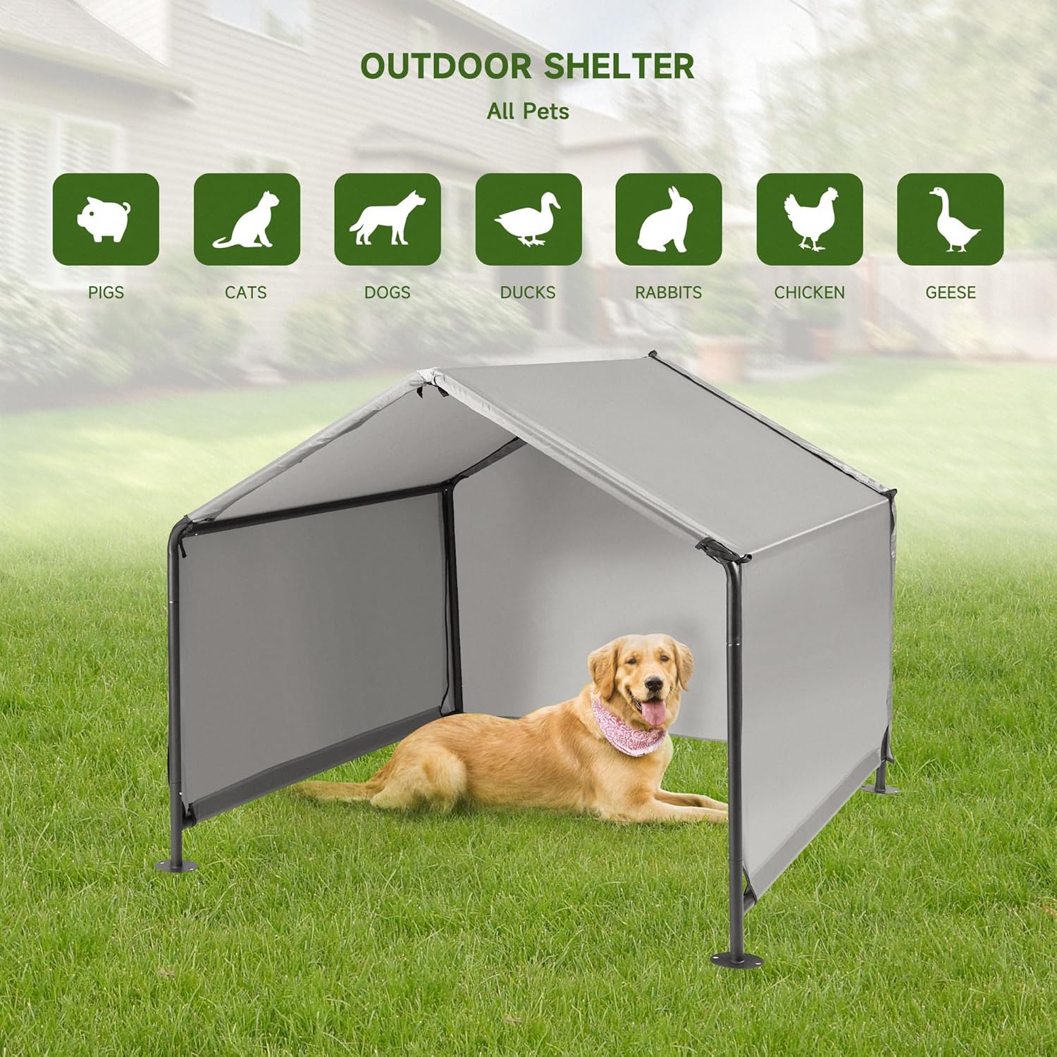 Dog Shade Shelter Outdoor Tent for Large Medium Dogs, Outside Sun Rain Canopy Pet House for Homeless Cats Pigs Livestock with Waterproof Roof Rainproof Cover & Artificial Grapevine Leaves