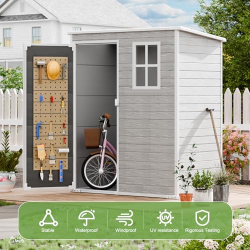 8x6x7 FT Resin Storage Shed, Waterproof Outdoor Storage Shed w/Floor, 2 Windows, Double Lockable Doors & Vents, Tool Shed for Patio Garden, Lawn, Backyard, Dove Grey