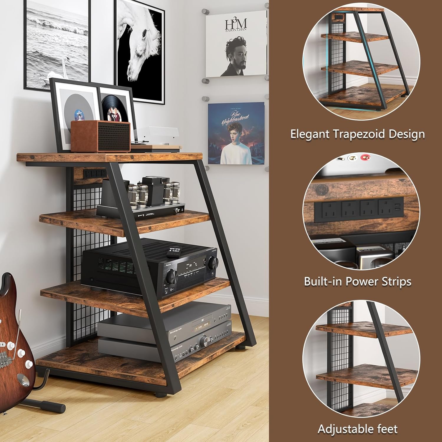 AV Media Stand with Outlets, Stereo Racks with LED Lights, Media Console, Record Player Stand, Media Audio Tower Cabinet, 30'', Rustic Brown