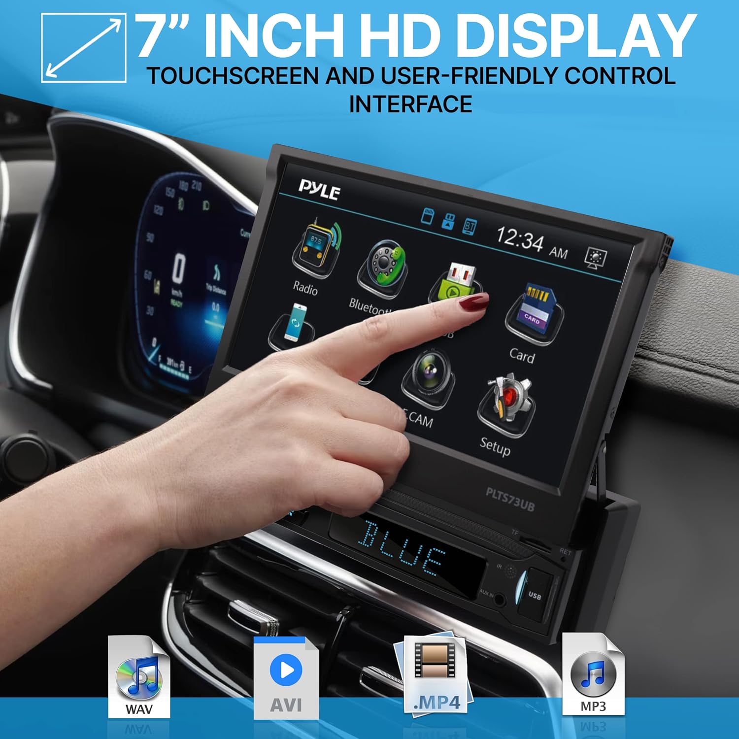 Pyle Car Stereo Video Receiver - Multimedia Player, BT Wireless Streaming, Hands-Free Talking, Motorized Fold-Out 7" Touchscreen Display, MP4/MP3/USB/SD/AM/FM Radio, Single DIN - PLTS73UB.5