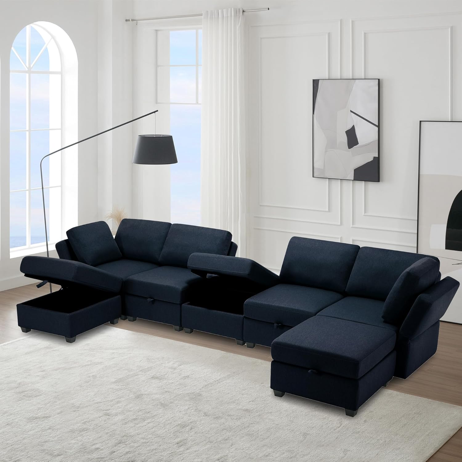 GOWE Modular Sectional Sofa U Shaped Sectional Couch with Ottoman, 7 Seat Modular Sofa with Chaise for Living Room, Adjustable Arms and Backs - Blue