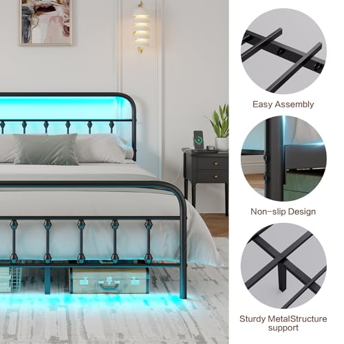 Full Bed Frame with Charging Station, Metal Platform Bed Frame-Mattress Foundation with LED/Headboard and Footboard/Under Bed Storage/No Box Spring Needed,Black