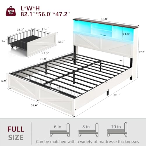 Twin Bed Frame with Bookshelf, Bookcase High Headboard with Charging Station and LED Light, Farmhouse Bed with Storage Drawers, No Box Spring Needed, Noise Free, Easy Assembly, Antique White
