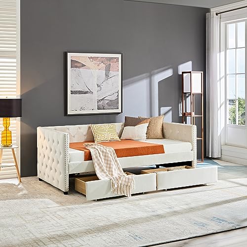 Velvet Twin Daybed with Storage, Upholstered Day Bed Twin Size with Drawers and Headboard, Solid Wood Bed Frame for Living Room and Bedroom, No Box Spring Needed (Beige Velvet)