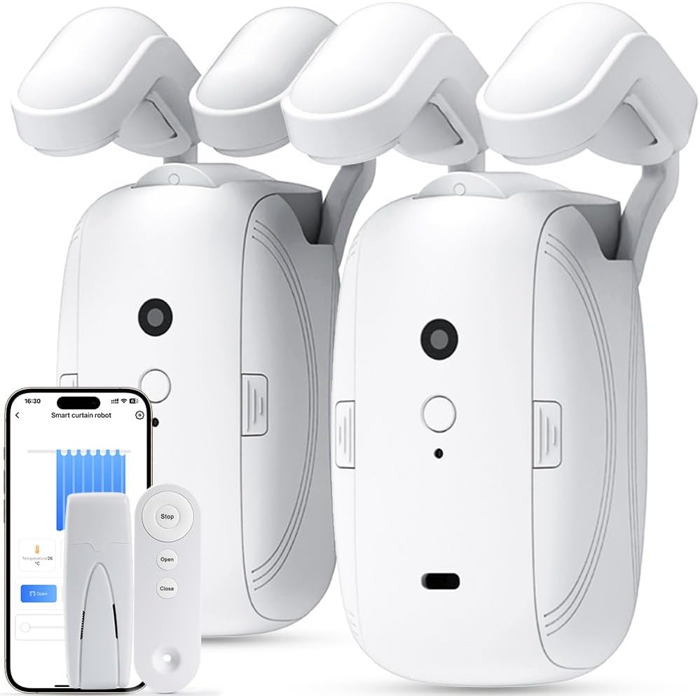 Smart Automatic Curtain Opener: 2PCS Remote Control Electric Curtain Robot with App/WiFi/Remote, High-Performance Motor Compatible with Alexa, Google, Siri for Roman Rod, T/U-shaped Track