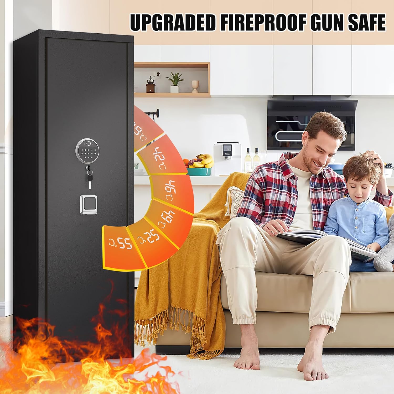 57" Large Gun Safe,Biometric 5-Gun Safe Cabinet,Quick Access Long Gun Pistols,Rifles and Shotguns Gun Cabinet,with 3 Pistol Bags and LED Light Adjustable Gun Rack,Assembled(Black)