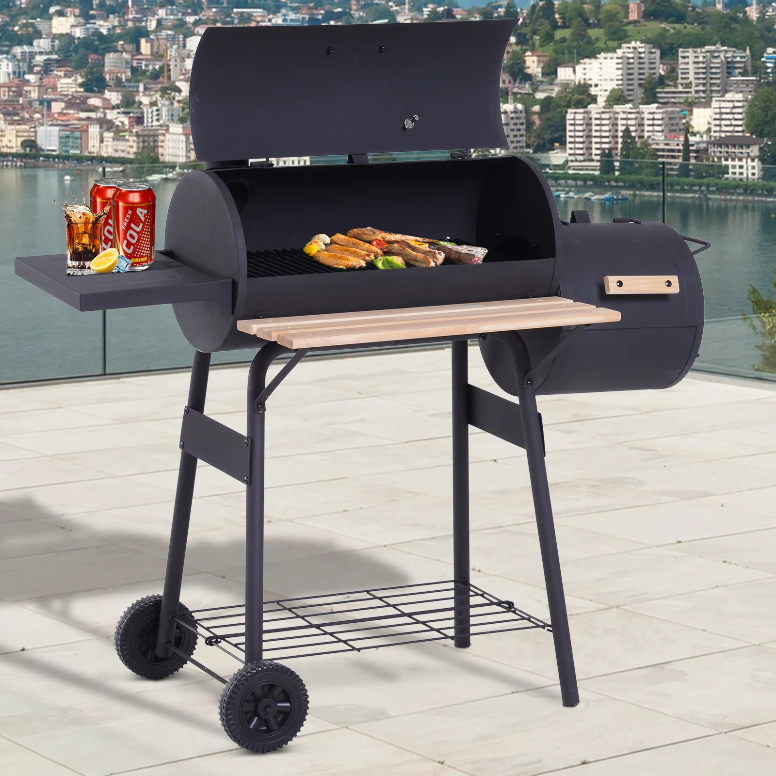 Outsunny 48" Steel Portable Backyard Charcoal BBQ Grill and Offset Smoker Combo with Wheels