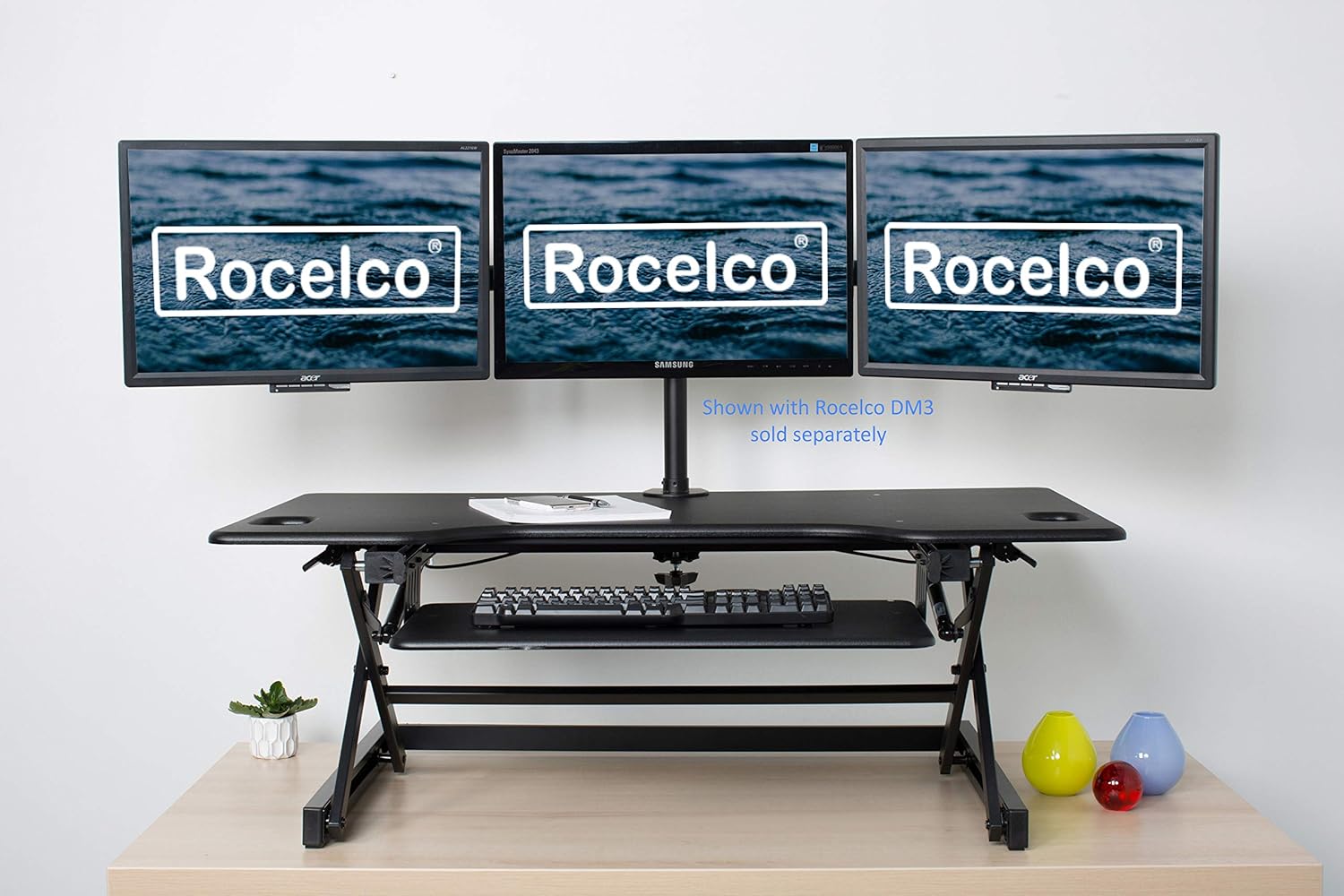 Rocelco 46" Large Height Adjustable Standing Desk Converter, Quick Sit Standup Triple Monitor Riser, Gas Spring Assist Computer Workstation, Retractable Keyboard Tray, (R DADRB-46), Black