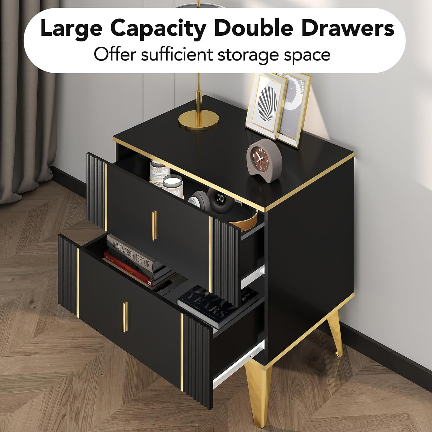 Wakefit Nightstands Set of 2, Light Luxury Bedside Table with 2 Wood Drawers, End Tables with Metal Handles and Metal Legs for Bedroom, Stripe Double (Black)