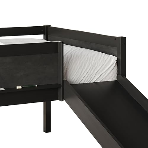 Low Loft Bed with Slide, Climbing Ladder, Chalkboard, Wood Twin Loft Bed Frame with Guardrail for Kids Toddler Boys Girls, Antique Gray