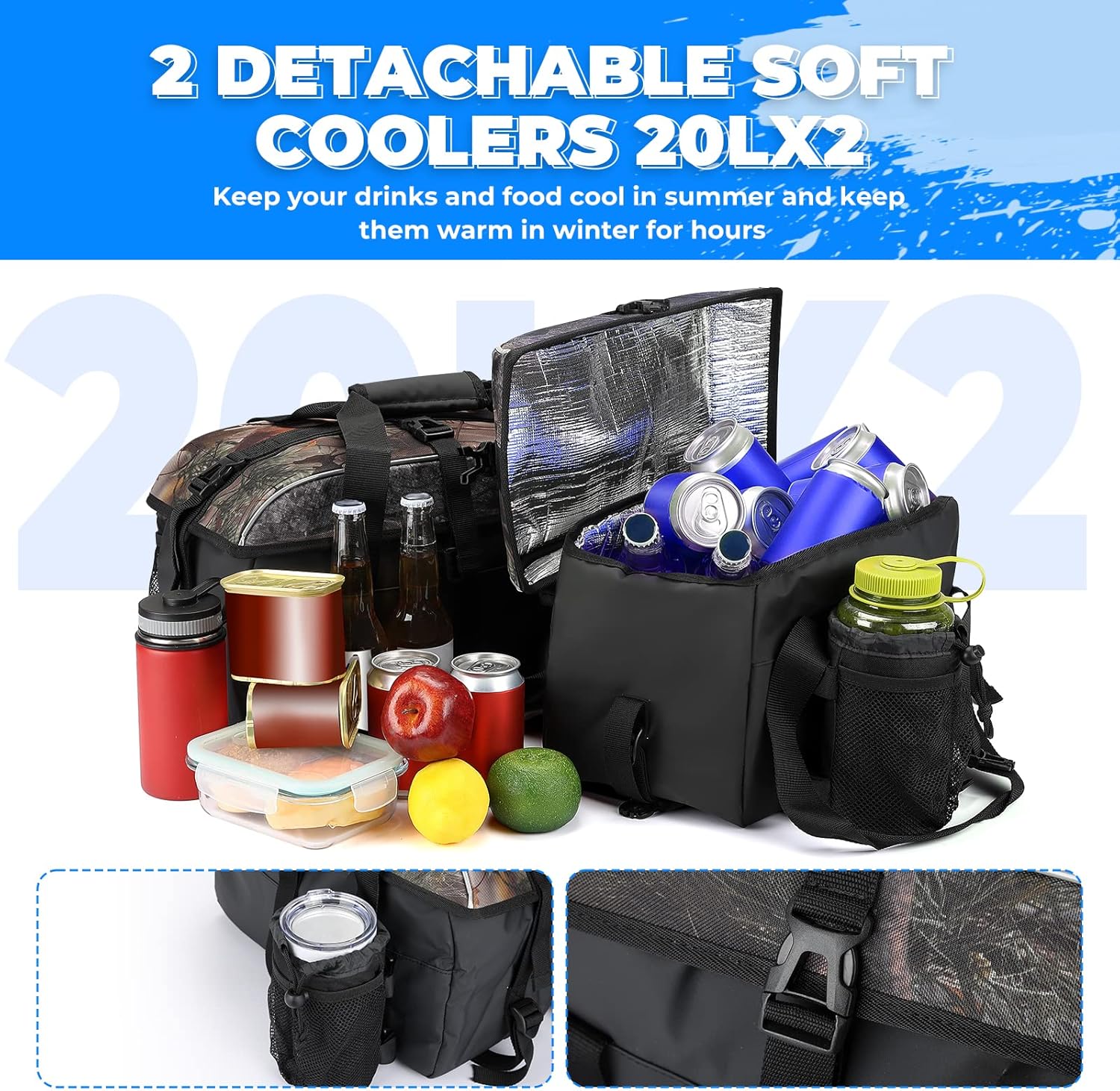 ATV Storage Bag, kemimoto Camo ATV Padded Bag w/Soft Coolers, Waterproof ATV Rear Seat Bag w/Cushion, ATV Cargo Bag Compatible with Polaris Sportsman Rancher Rubicon Foreman Grizzly